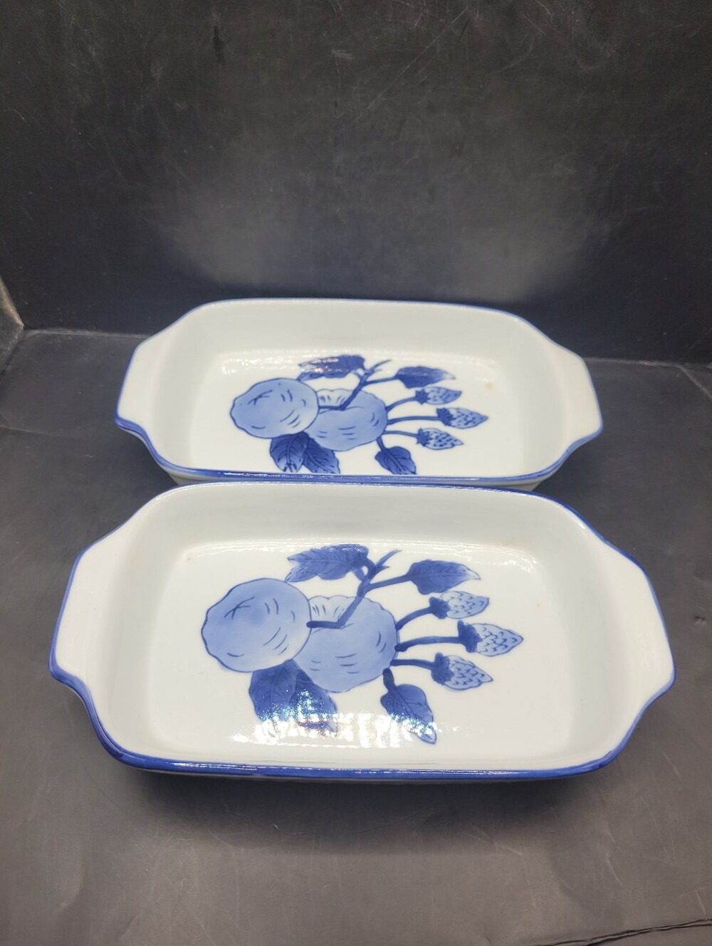 Vintage Blue & White Ceramic Au Gratin Baking Dishes Handled Fruit Motif Pair 9"